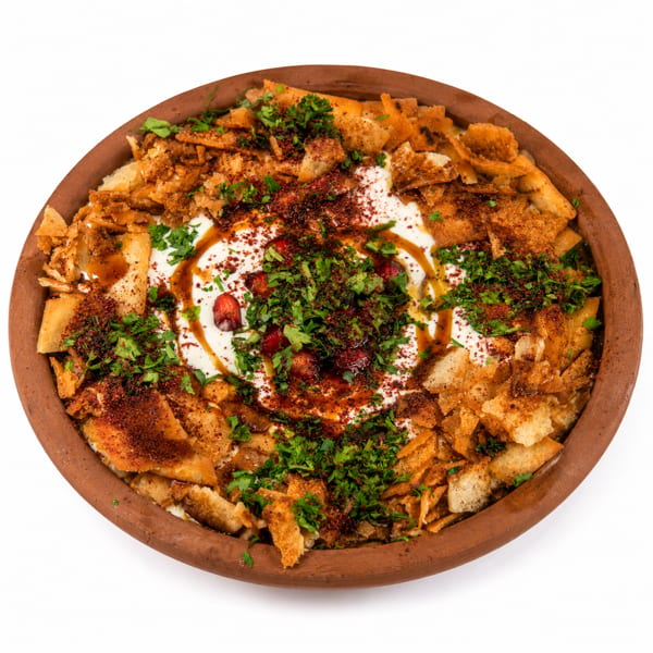 A clay bowl filled with crispy bread, yogurt, herbs, spices, and pomegranate seeds.