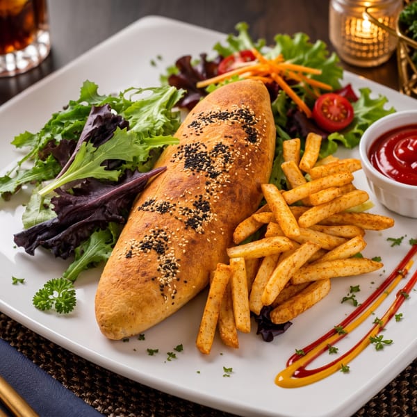 A golden-brown sandwich with sesame seeds, fries, salad, and ketchup on a white plate.