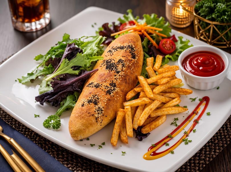 A golden-brown sandwich with sesame seeds, fries, salad, and ketchup on a white plate.