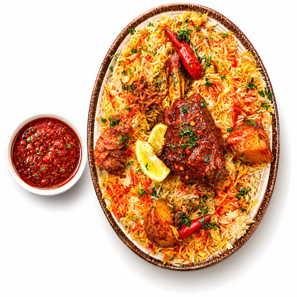 Mandi rice with lamb shank, chicken, potatoes, red chilies, and lemon, served with red sauce.