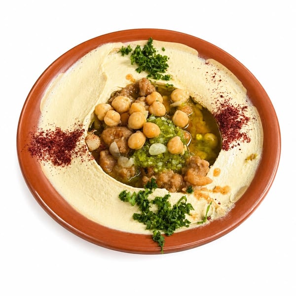 Hummus bowl topped with chickpeas, minced meat, green relish, parsley, and red spice.