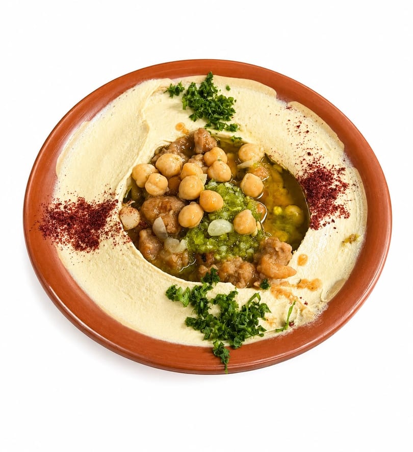 Hummus bowl topped with chickpeas, minced meat, green relish, parsley, and red spice.