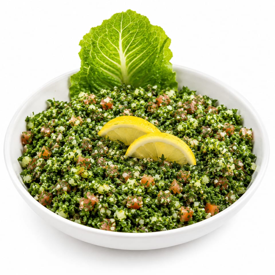 A white bowl filled with vibrant green tabbouleh salad, garnished with lemon slices and lettuce.