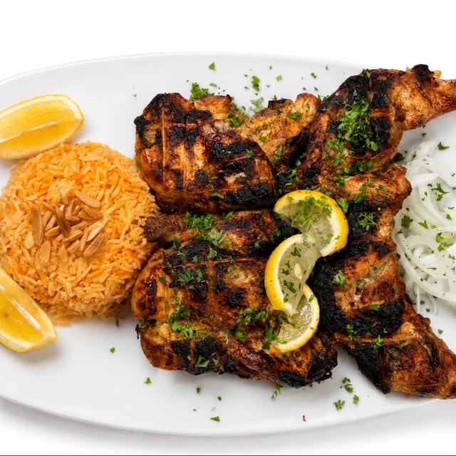 Whole Char Grilled Chicken Over Rice.