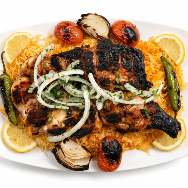 Half Char Grilled Chicken Over Rice.