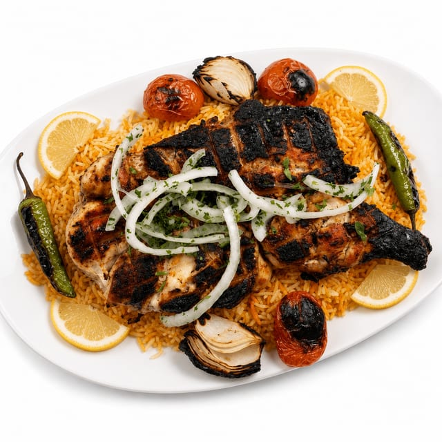 Half Char Grilled Chicken Over Rice.
